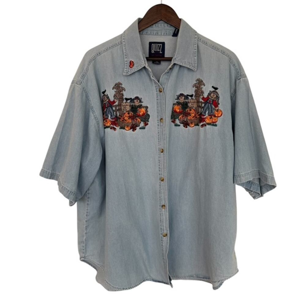 Vintage Quizz Denim Fall Embroidered Button Up Shirt - Size 22